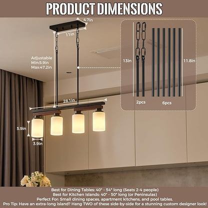 4-Light Kitchen Island Lighting & Farmhouse Dining Room Light Fixtures Over Table, Rustic Wood Linear Chandelier Adjustable Ceiling Hanging Pendant - Rotating Design, Customizable Shapes, Milk Glass