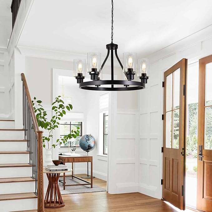 6-Light Farmhouse Chandelier Wagon Wheel Pendant Light Fixtures for Dining Room Living Room Island Kitchen Foyer Bedroom, Modern Black Industrial Rustic Adjustable Height Metal E26 Base