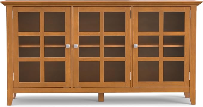 SIMPLIHOME Acadian Storage Cabinet - 62 inch Wide Solid Wood 3-Shelf Sideboard in Light Golden Brown, Transitional Buffet for Living Room, Entryway, or Dining Room with Adjustable Shelves