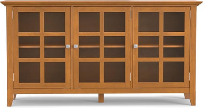 SIMPLIHOME Acadian Storage Cabinet - 62 inch Wide Solid Wood 3-Shelf Sideboard in Light Golden Brown, Transitional Buffet for Living Room, Entryway, or Dining Room with Adjustable Shelves