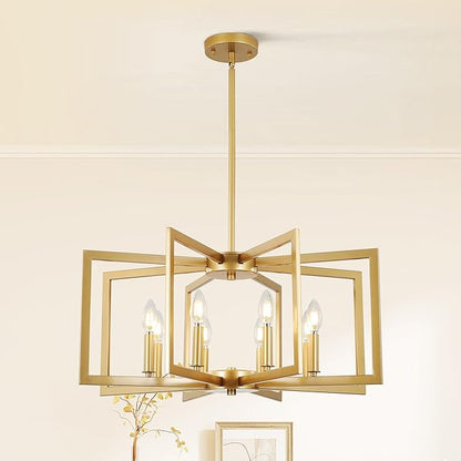 Klgxnrd 8-Light Modern Farmhouse Gold Geometric Chandelier, Large Industrial Metal Kitchen Light Fixtures, Rustic Cage Hanging Lights for Dining Room Entryway Foyer Living Room Stairway