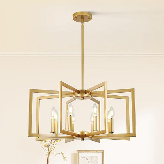 Klgxnrd 8-Light Modern Farmhouse Gold Geometric Chandelier, Large Industrial Metal Kitchen Light Fixtures, Rustic Cage Hanging Lights for Dining Room Entryway Foyer Living Room Stairway