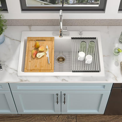 33"x22" Granite Composite Kitchen Sink - Ledge Workstation Drop In Topmount White Quartz Classic Above Counter Single Bowl Basin
