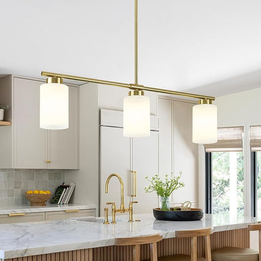3-Light Gold Kitchen Island Lighting 31" Pendant Light with Milk Glass Shade Adjustable Height Linear Chandelier for Dining Room Modern Farmhouse Light Fixture Over Table Bar Living Room Foyer, E26