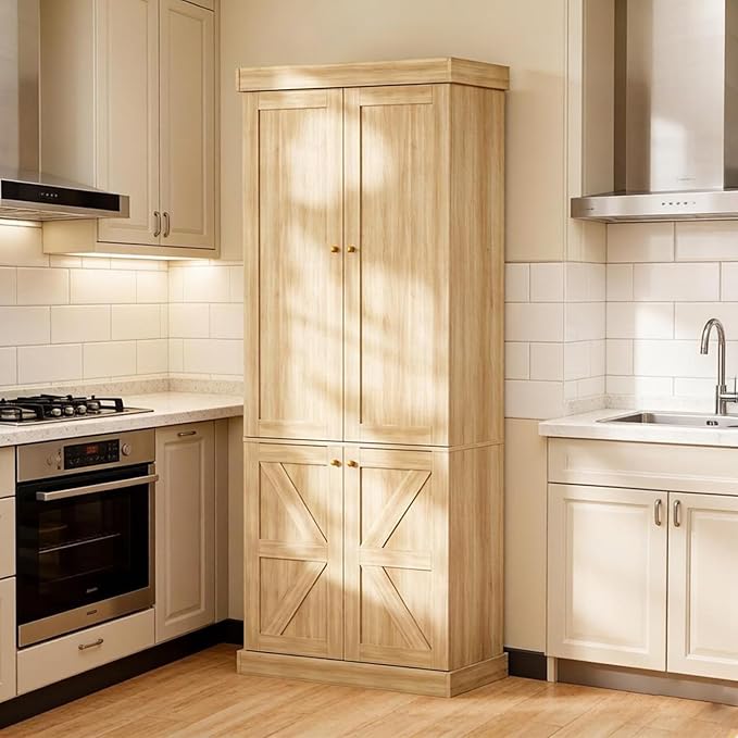 70.8" Tall Kitchen Pantry Cabinet with Doors, Farmhouse Modular Storage Cabinet with 4-Tier Adjustable Shelves, Large Storage Cabinet for Kitchen or Living Room, Brown
