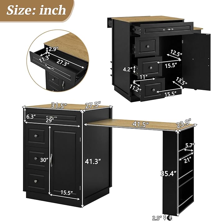 73” Kitchen Island with Extendable Dining Table, Multifunctional Wine Cabinet with 1 Door, 5 Drawers, Open Side Shelves, Wine Rack, Stemware Holder, Rolling Wheels, Chairs Not Include, Black+Natural