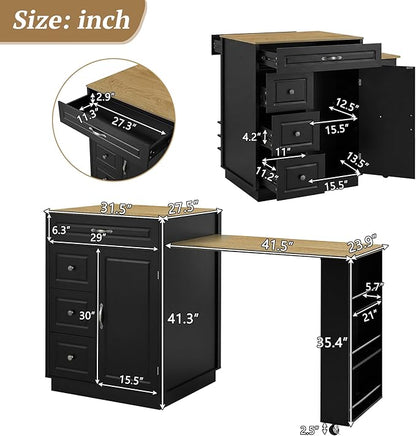 73” Kitchen Island with Extendable Dining Table, Multifunctional Wine Cabinet with 1 Door, 5 Drawers, Open Side Shelves, Wine Rack, Stemware Holder, Rolling Wheels, Chairs Not Include, Black+Natural