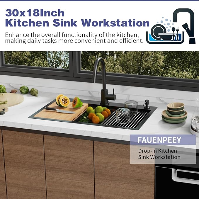 Black Kitchen Sink Workstation,30"x18" Stainless Steel Drop In Single Bowl Sink Built-in Ledge Workstation Sink Design For Placing/Sliding Accessories-Cutting Board And Drying Rack,Colander