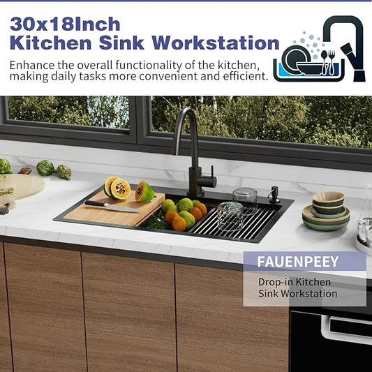 Black Kitchen Sink Workstation,30"x18" Stainless Steel Drop In Single Bowl Sink Built-in Ledge Workstation Sink Design For Placing/Sliding Accessories-Cutting Board And Drying Rack,Colander