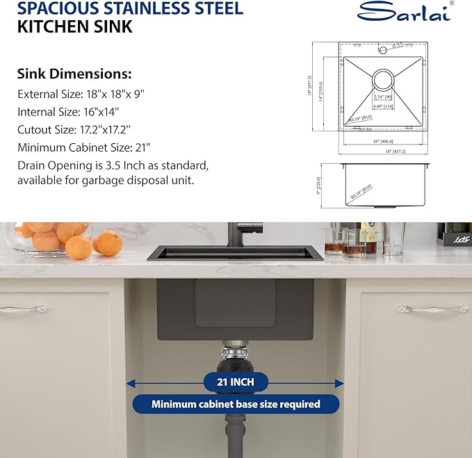 Sarlai Drop Bar Sink - 18 Inch Black Outdoor Kitchen Sink Gunmetal Black Drop In Workstation 18 x 18 Topmount Stainless Steel 16 Gauge Single Bowl Kitchen Bar Prep RV Outdoor Sinks Basin