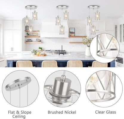 Refice 3-Light Pendant Lights Kitchen Island, Brushed Nickel Kitchen Cluster Hanging Pendant Lights with Clear Glass, Modern Cage Chandelier Light Fixture for Sink Dining Room Bedroom Bar