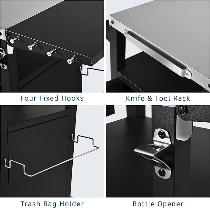 JIJIWANG 33.9" Outdoor Kitchen Island with Stainless Steel Top and Drop Leaf, Rolling Kitchen Cart on Wheels with Storage Cabinet and Spice & Paper Rack for BBQ Waterp, Black