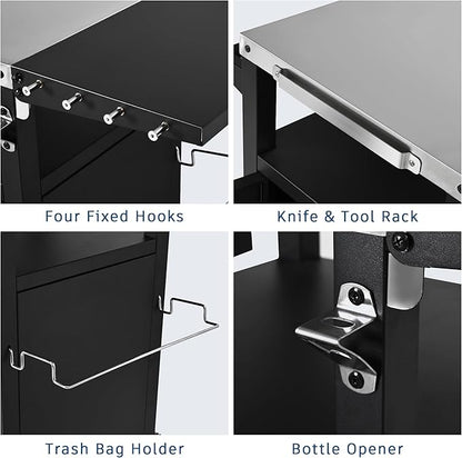 JIJIWANG 33.9" Outdoor Kitchen Island with Stainless Steel Top and Drop Leaf, Rolling Kitchen Cart on Wheels with Storage Cabinet and Spice & Paper Rack for BBQ Waterp, Black