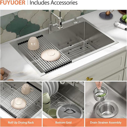 33 Drop In Kitchen Sink - Fuyuoer 33x22 inch Drop in Stainless Steel Sink 16 Gauge Single Bowl 10'' Deep Large Topmount Kitchen Sinks Over Mount, Round Corners