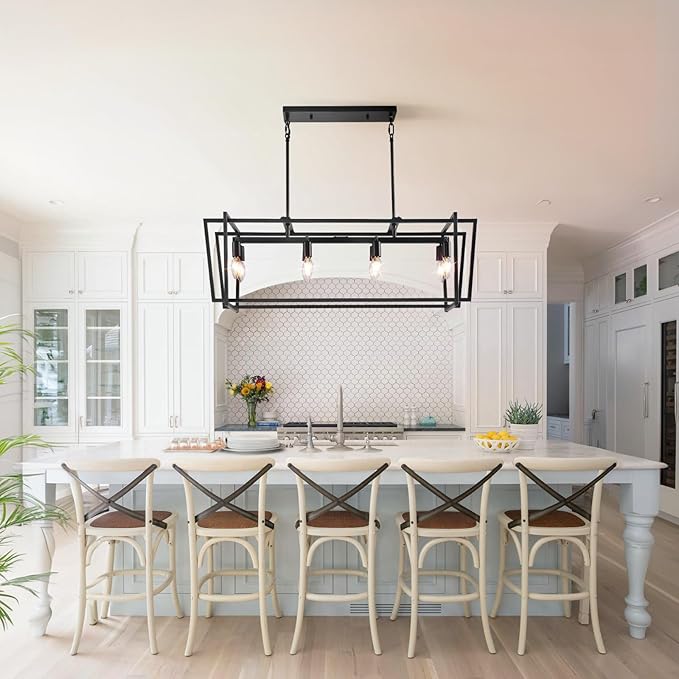 WJShome Black Chandelier, 8-Light Farmhouse Chandeliers for Dining Room, Modern Rectangle Kitchen Island Lighting, Linear Pendant Lights Kitchen Island, Dining Room Light Fixtures Over Table