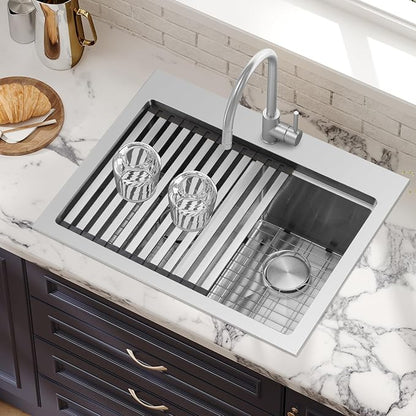 MILOSEN 26 Inch Double Bowl Kitchen Sink, 26''x22'' Drop in 16 Gauge T304 Stainless Steel Sinks, Workstation Sink 50/50 Topmount Double Basin with Accessories, 10'' Deep Laundry Outdoor Sinks