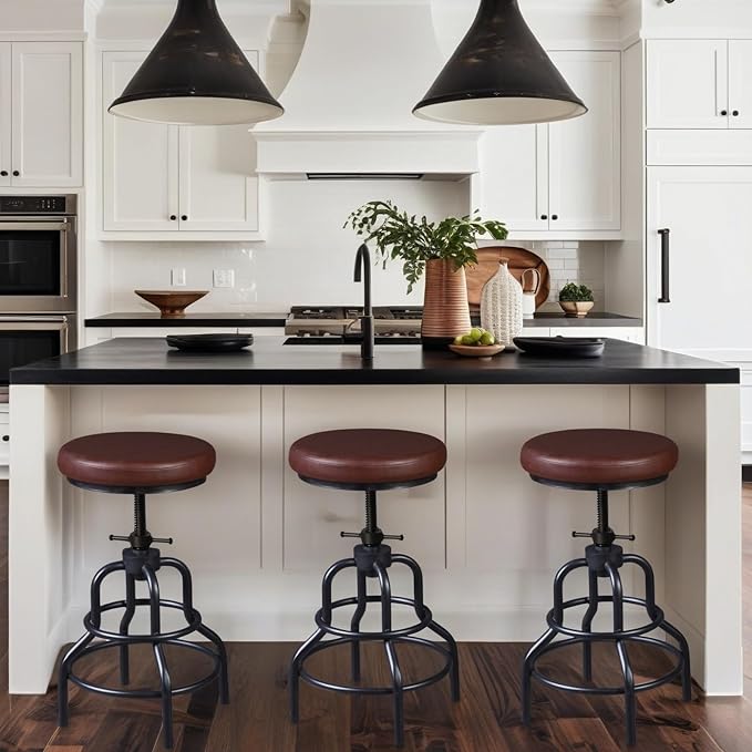 LOKKHAN Industrial Bar Stools-Swivel Leather Metal Bar Stool-20-27 Inch Tall Counter Height-Adjustable Kitchen Stool Dining Chair Cafe Stools (Set of 2)