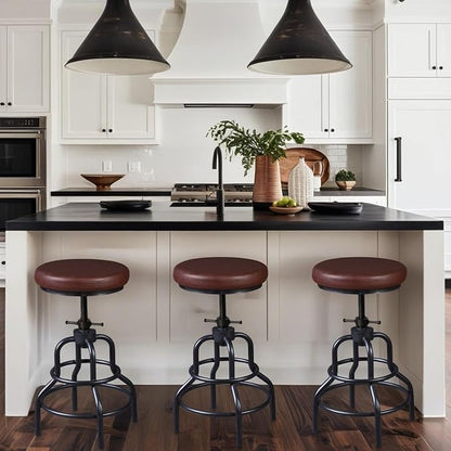 LOKKHAN Industrial Bar Stools-Swivel Leather Metal Bar Stool-20-27 Inch Tall Counter Height-Adjustable Kitchen Stool Dining Chair Cafe Stools (Set of 2)