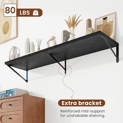 Deep Wall Shelves 55"W x 12"D Engineered Wood Floating Shelves for Wall, Sturdy Metal Bracket Bookshelves Home Decor Storage for Living Room Bedroom Bathroom Kitchen, Set of 2, Black Finish