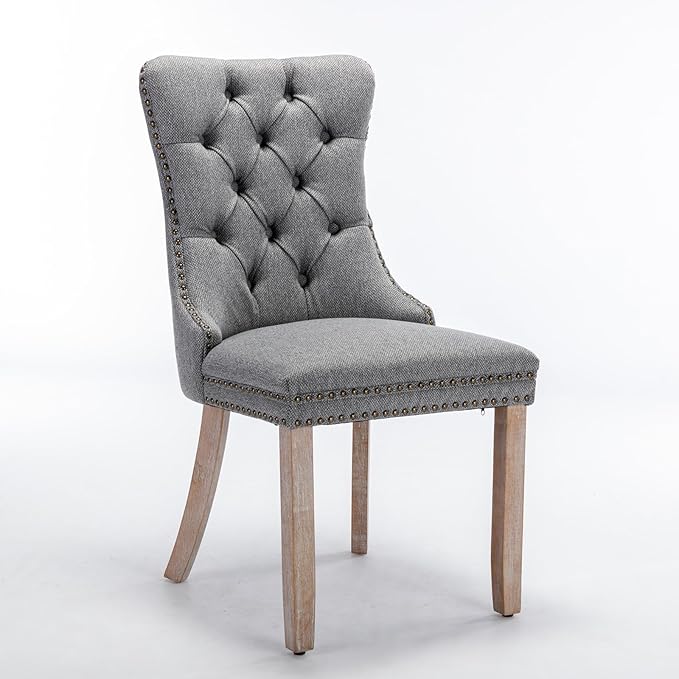 Ball & Cast Contemporary Upholstered Dining Chairs Set of 2, Button Tufted Kitchen Side-Chairs with Hang Ring & Nailhead Trims & Solid Wood Legs, 2-Piece Backrest Traditional Chair, Linen Gray
