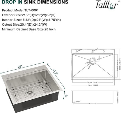25 Inch Drop In Stainless Steel Kitchen Sink, 16 Gauge Single Bowl Workstation 3-Hole Sink with Mixing Bowl, Pasta Strainer #TLT-0047