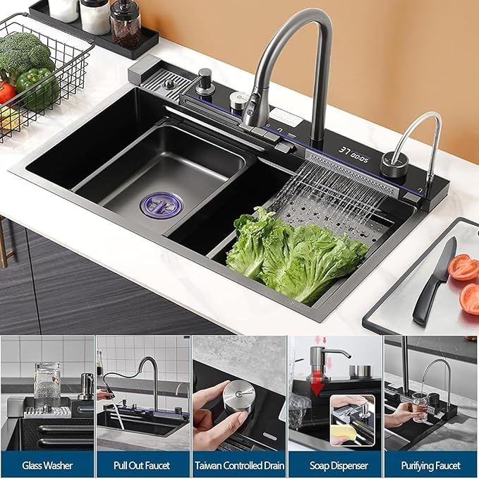 Sinks Countertop or Embedded Single Bowl Stainless Steel Kitchen Sink with Drain basket, cutting board, vegetable sink, multi-function pull-out faucet set (Black, 29.5x18x9 In)