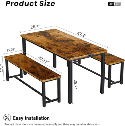 Recaceik 47" Dining Room Table Set with 2 Benches, Kitchen Dining Table Set for 4-6, Space Saving Kitchen Table and Chair Set for Dining Room, Small Space, Breakfast Nook(Brown)