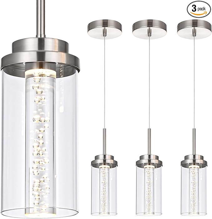 MELUCEE 3 Packs Dimmable LED Pendant Lights Fixtures Brushed Nickel, Adjustable Hanging Ceiling Lamp with Clear Glass Shade, Modern Pendant Light for Kitchen Island Dining Room Hallway, 3000K-6000K