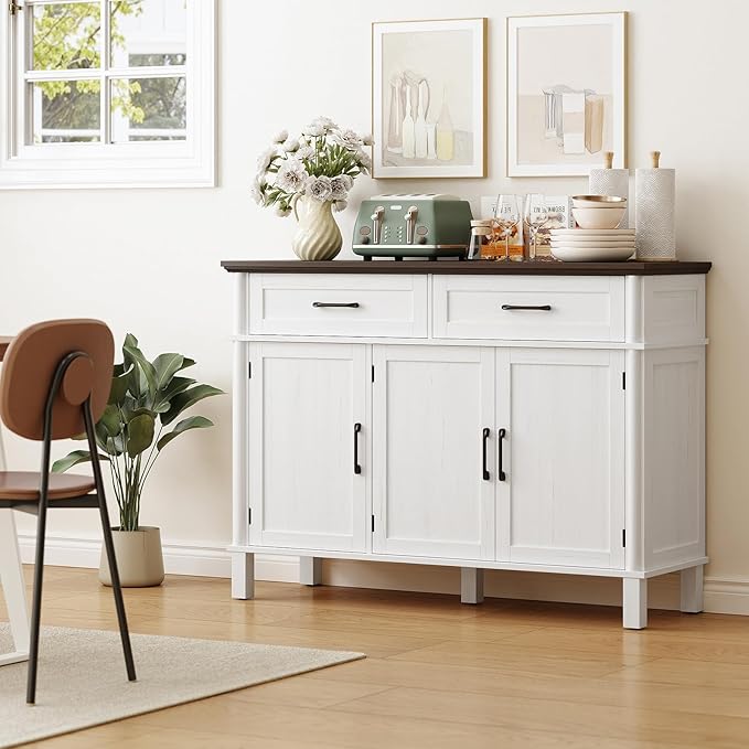 48 Inches Buffet Cabinet with Storage, Farmhouse Sideboard Buffet w/2 Drawers and 3 Doors, Wood Coffee Bar Cabinet with Adjustable Shelves, Sideboard Storage for Kitchen, Living Room, Off White