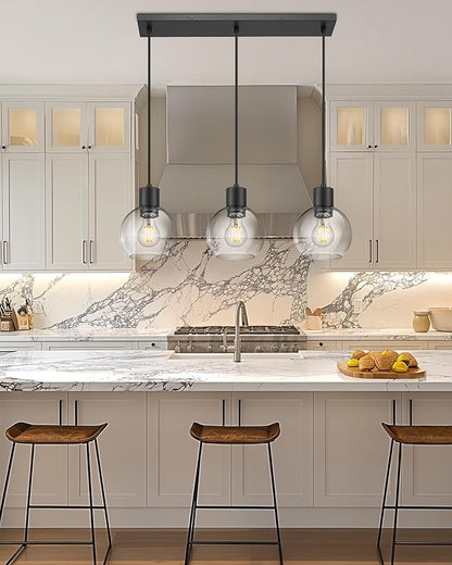 LMS 3-Light Island Lights, Matte Black Dining Room Over Table Hanging Linear Chandeliers, Farmhouse Chandeliers for Kitchen Island Pendant Light Fixtures with Clear Globe Glass Shade, LMS-122SPL-BK3