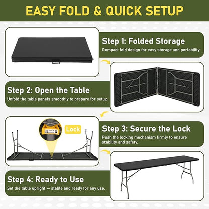 BestOffice 8 FT Picnic Table Plastic Camping Table Portable Square Height Folding Table Perfect for Picnics, Parties, Party and Camping, Black