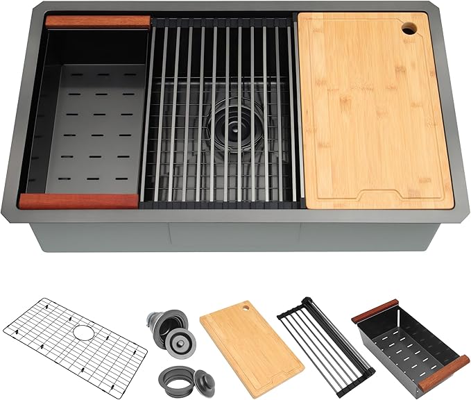 32 Inch Black Undermount Kitchen Sink,16 Gauge 304 Stainless Steel Kitchen Sink Single Bowl, 32"x19"x10" Undermount Sink Ledge Workstation Sinks With All Accessories, Large and Deep Sink