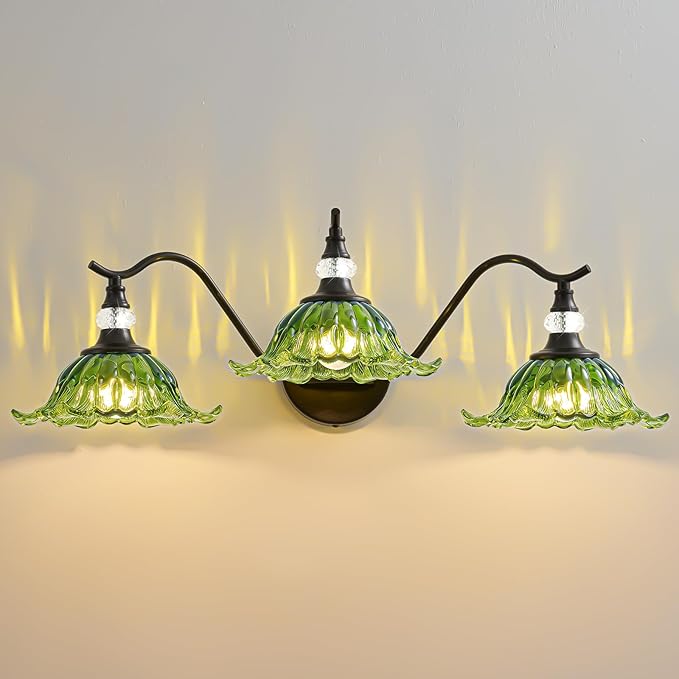 Vintage Bathroom Vanity Light Fixtures - 3 Light Antique Matte Black Bathroom Lights Fixture Over Mirror with Green Flower Glass,Retro High End Wall Mounted Vanity Lighting for Bath Powder Room