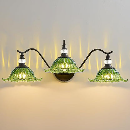 Vintage Bathroom Vanity Light Fixtures - 3 Light Antique Matte Black Bathroom Lights Fixture Over Mirror with Green Flower Glass,Retro High End Wall Mounted Vanity Lighting for Bath Powder Room