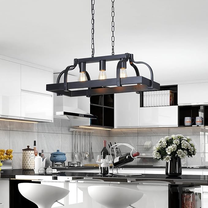 WUZUPS 3-Light Metal Pot Hanging Rack Chandelier Linear Pendant Ceiling Lighting Rustic Farmhouse Fixture Kitchen Island Dining Room, H 9.8" L 24.8" W11.8, E26 Base, Black