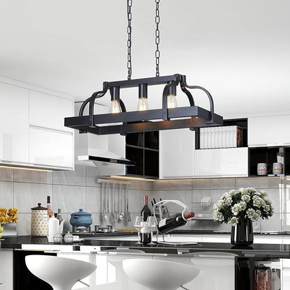 WUZUPS 3-Light Metal Pot Hanging Rack Chandelier Linear Pendant Ceiling Lighting Rustic Farmhouse Fixture Kitchen Island Dining Room, H 9.8" L 24.8" W11.8, E26 Base, Black