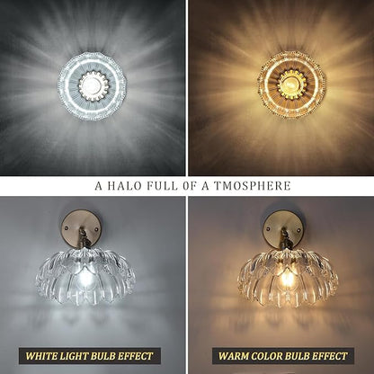 Shenmoyl Semi Flush Mount Gold Hallway Lights Fixture with Clear Scindapsus Glass, Bulb Included, 4.72" Base Vintage Ceiling Light for Porch, Kitchen, Bedroom