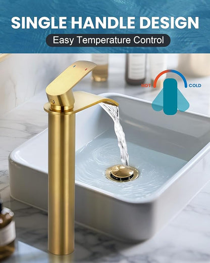 Vessel Sink Faucet Gold for Bathroom：WOWOW Single Handle Tall Bathroom Faucet - Waterfall Single Hole Mixer Bar Tap with Large Rectangular Spout, Deck Mount Lavatory Vanity with Pop Up Drain
