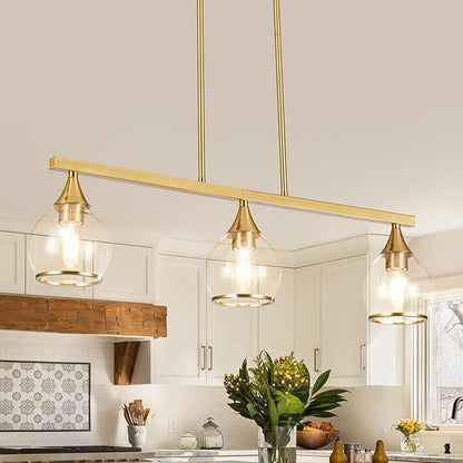 Island Light for Kitchen, 3-Light Gold Kitchen Island Linear Hanging Pendant Chandeliers, Brushed Gold Dining Room Light Fixture Over Table with Clear Round Glass Shades