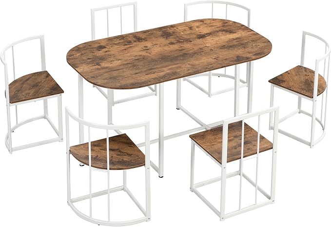 RuiSiSi Modern Dining Table Set for 6 Kitchen Table Set with 6 Dining Chairs and Faux Marble Tabletop for Kitchen, Dining Room, Small Space, Cherry+White