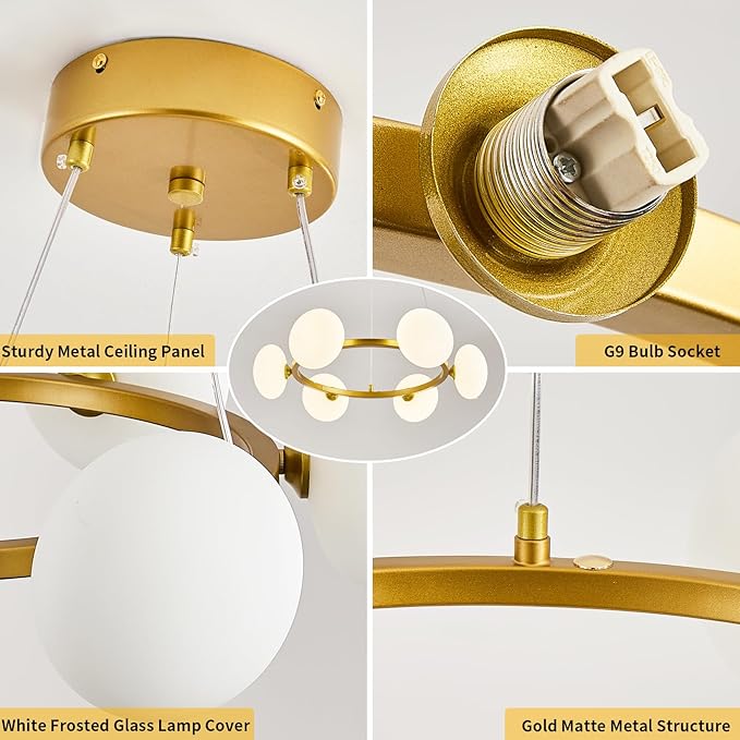 Modern Gold Chandelier, Mid Century Wagon Wheel Chandelier, 6-Light Globe Dining Room Light Fixture with Milk Glass Shades