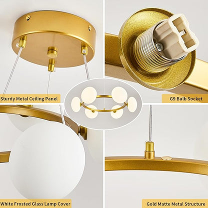 Modern Gold Chandelier, Mid Century Wagon Wheel Chandelier, 6-Light Globe Dining Room Light Fixture with Milk Glass Shades