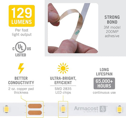 Armacost Lighting RibbonFlex Pro 12V White LED Strip Lights 30 LED/m, 3000K, 16.4 ft 141230