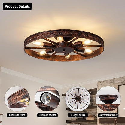 Semi Flush Mount Ceiling Light, Industrial Metal Ceiling Light Fixture, 18.9" Rustic 6-Light Farmhouse Light, Red Rust Chandelier for Kitchen Dinning Room Entryway Living Room