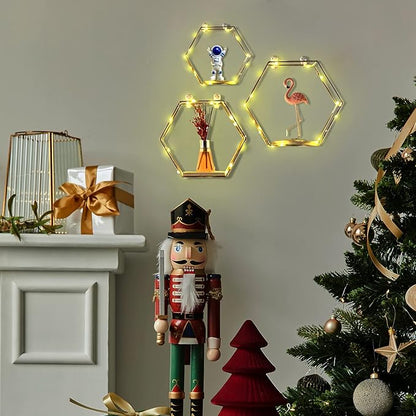 Liywall - Hexagon Floating Shelves Wall Decor, Gold Metal Wire and Wood Wall Mounted Storage Shelf Home Decorations Art for Bedroom Living Room Kitchen Bathroom, Set of 3 with LED Lights
