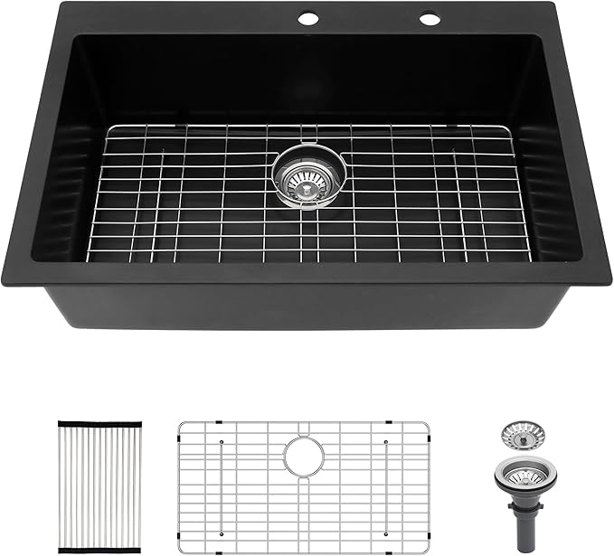 Kichae 33 Granite Composite Kitchen Sink - 33"x22" Grainte Kitchen Sink Drop In Topmount Quartz Sink Black Deep Single Bowl Basin