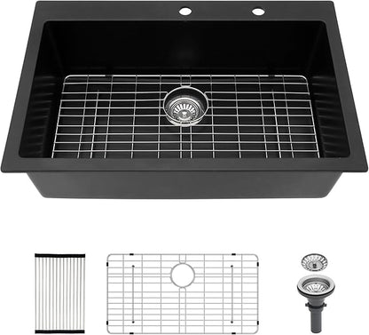 Kichae 33 Granite Composite Kitchen Sink - 33"x22" Grainte Kitchen Sink Drop In Topmount Quartz Sink Black Deep Single Bowl Basin
