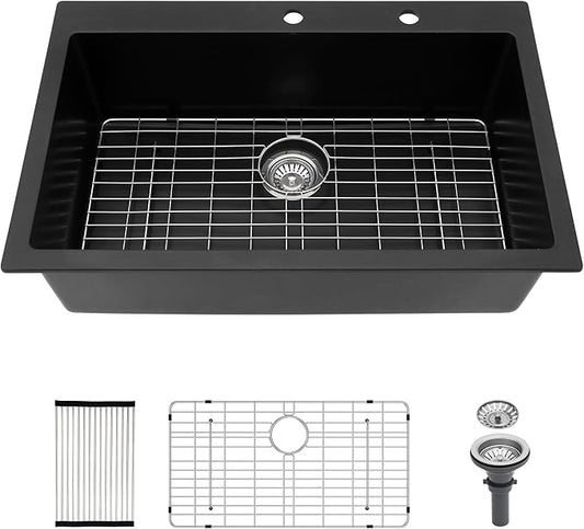 Kichae 33 Granite Composite Kitchen Sink - 33"x22" Grainte Kitchen Sink Drop In Topmount Quartz Sink Black Deep Single Bowl Basin