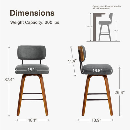 Swivel Bar Stools Set of 3, 26" Upholstered Counter Height Bar Stools with Back and Bent Walnut Wood Legs, Faux Leather Modern Barstools for Kitchen Island,Gray
