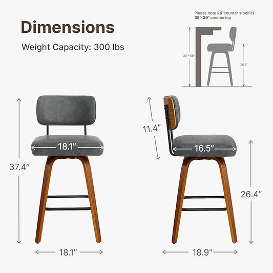 Swivel Bar Stools Set of 3, 26" Upholstered Counter Height Bar Stools with Back and Bent Walnut Wood Legs, Faux Leather Modern Barstools for Kitchen Island,Gray